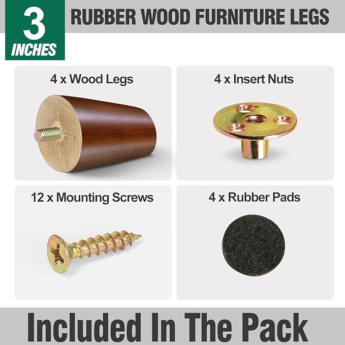 FoDau770 Brown Rubber Wood Furniture Legs 3 Inches, Slant Tapered Wood Feet Mid Century Sofa Legs Set of 4, 5/16" UNC Furniture Feet Replacement Parts for Cabinet Couch Dresser Chair Ottoman Table