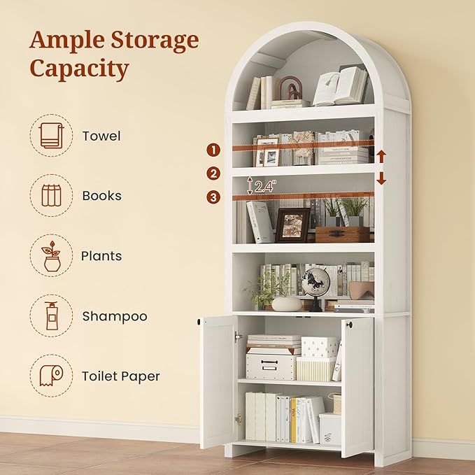81" Tall Arched Cabinets,Bookcase with storage,Mid-Century Modern 6-Tier Bookshelf with Door,2 Book Risers and Adjustable Shelves give more storage space for Living Room,Home Office Antique White