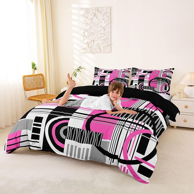 Erosebridal Art Deco Mid Century Duvet Cover Set Retro Modern Abstract Geometric Queen Bedding Set for Children Boys Black and White Fuchsia Circles Stripes Comforter Cover Contemporary Bed Sets