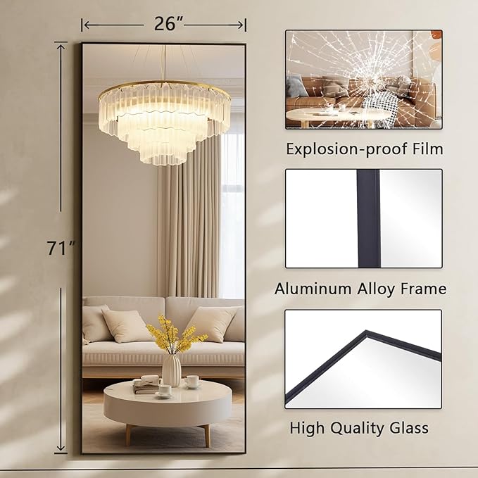 Koonmi 71"x26" Floor Mirror Full Length, Bedroom Floor Body Mirror with Stand, Large Black Mirror, Leaning, Standing or Hanging Horizontally/Vertically