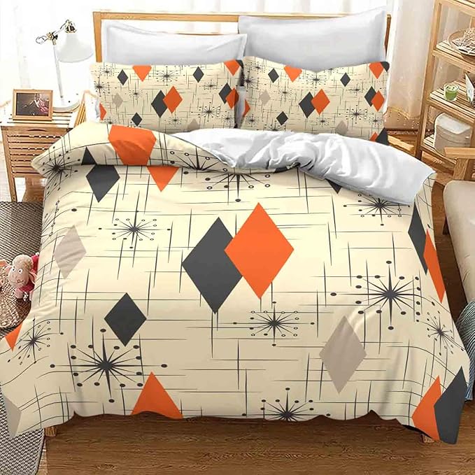 Mid Century Bedding Set,Retro Starbursts Abstract Orange Black Geometric Minimalist 1950s 60s Pattern Comforter Set with Pillowcase for Bedroom Bed Decor,Full 79"x90"