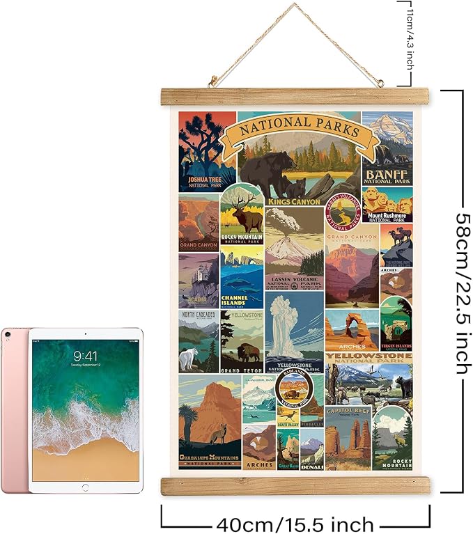 Comprehensive National Parks Display: Poster highlights a collection of USA national parks; each represented by a unique and colorful illustration capturing the essence of the park's landscapes and landmarks