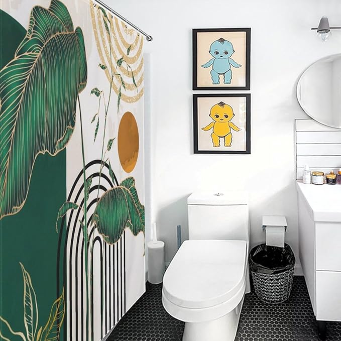 Mid Century Modern Shower Curtain, Boho Aesthetic Green Tropical Palm Leaves Abstract Minimalist Geometic Arch Waterproof Fabric Bathroom Shower Curtain Set with Hooks, 72"x78" Inch