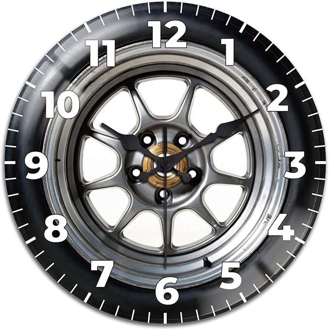 peacoblue Wall Clocks Battery Operated 12 Inch Car Tires Glass Round Wall Clock Non Ticking for Kitchen Living Room Dining Room Bedroom and Bathroom Decor Accessories (Battery not Included)