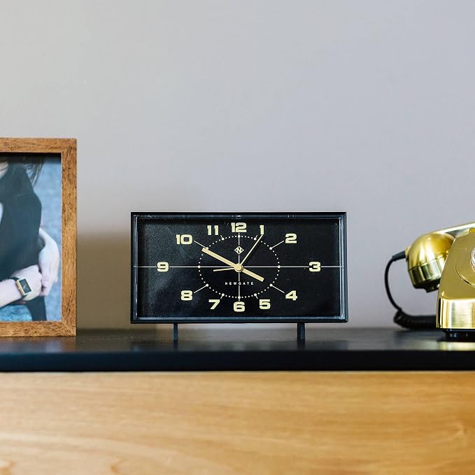 NEWGATE® Wideboy Alarm Clock | Rectangular Retro Design | Black | Mid-Century dial | Ideal for Bedside, Desk, Mantel or Shelf | Retro Bedroom & Office Accessory