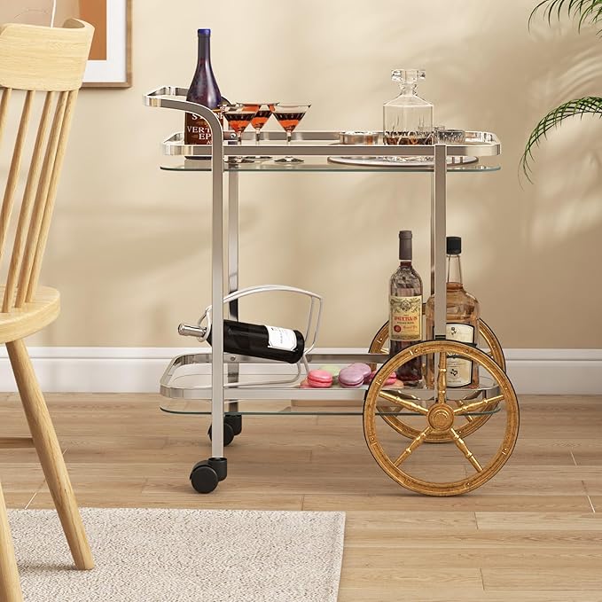 Tangkula Bar Cart for The Home, 2-Tier Rolling Tempered Glass Serving Cart, 2 Large Gold Aluminum Wheels & 2 Casters, Handle, Stainless Steel Frame, Modern Wine Cart for Kitchen Dining Room