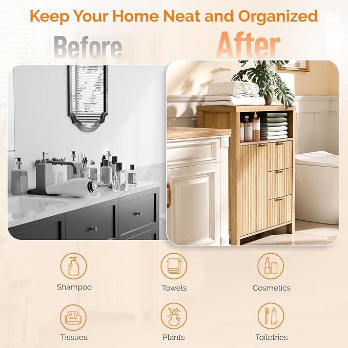 VINGLI Fluted Bathroom Floor Storage Cabinet with Fluted Door 3 Drawers,Modern 12 Inch Deep Short Bathroom Storage Cabinet Organizer Free-Standing for Small Space w/Adjustable Shelf,Natural Oak Color