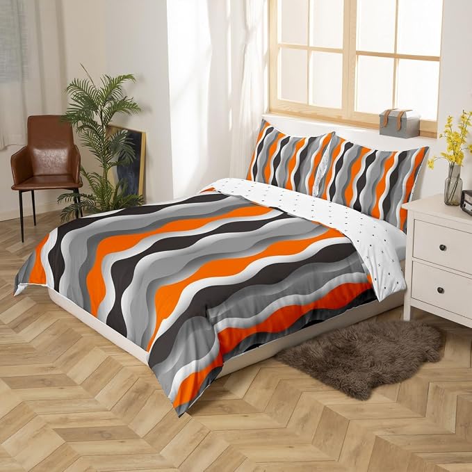 Orange Comforter Cover Mid Century Geometric Bedding Set Retro Black Grey Striped Duvet Cover for Kids Boys Girls Abstract Modern Decor Bedspread Cover Room Decor Bedclothes Queen Size (No Comforter)