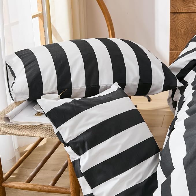 Merryword Black and White Striped Duvet Cover Set Queen Size - 100% Cotton Duvet Cover Set with Zipper Closure & 8 Corner Ties, 3-Piece Luxury Linen Like Bedding Set for All Seasons