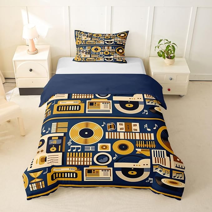 Erosebridal Retro Music Comforter Cover Twin for Boys Men - Vinyl Record Rock Roll Bedding Set Musical Notes Instrument Duvet Cover,Modern Vintage Music Art Bed Set