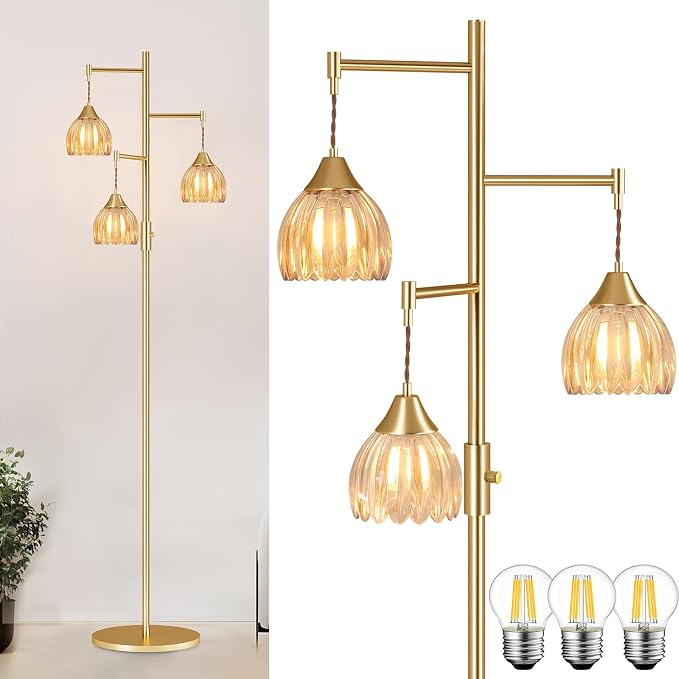 Shenmoyl Stepless Dimming Floor Lamps for Living Room, Bedroom, Gold Standing Lamp with 3pcs 6W Bulbs, Vintage Brass Floor Lamp for Corner, Nursery (Amber Tulip)