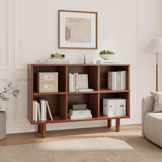Solid Wood 6 Cube Storage Organizer, Horizontal Bookshelf with Storage, 2 Shelf Bookcase, 6 Cube Shelf, TV Stand Bookshelf, Small Book Shelf for Kids Rooms, Bedroom, Living Room, Offices (47.2 Wide)