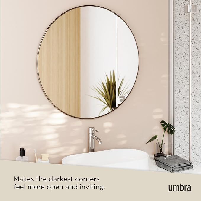 Umbra Hubba Round Wall Mirror with Metallic Frame, Modern Style for Bathroom, Entryway, Living Room and More, 34-Inch, Titanium