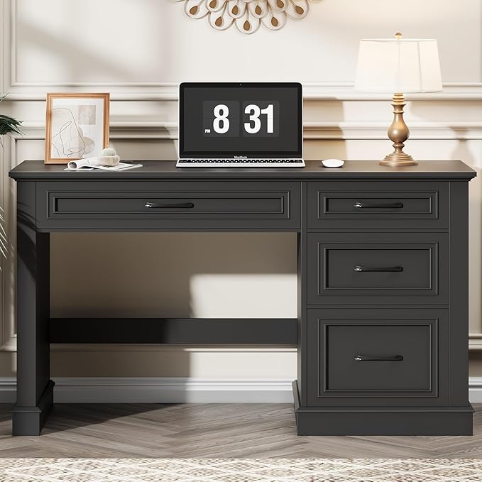 Vabches Farmhouse 47" Executive Desk, Computer Desk with Drawers and File Drawer, Workstation Computer Desk with Charging Station for Home Office, Study,（Pure Black