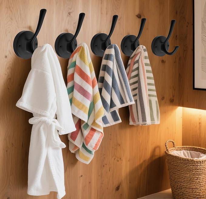 Black Wall Hooks, 6 Pack Coat Towel Hook Heavy Duty Metal Double Bath Robe Hook Wall Mounted, Hat Hooks for Cubicle Bathroom Kitchen Closet Garage