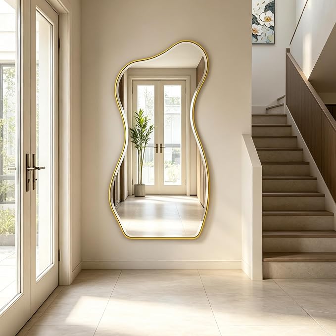 POZINO Irregular Beveled Mirror, 53"x25" Large Asymmetrical Aesthetic Wall Mirror with Gold Metal Frame, Organic Shape Floor Mirrors for Entryway Living Room Bedroom Hallway, Leaning/Wall-Mount