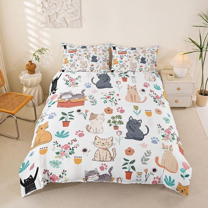 Erosebridal Cute Cat Duvet Cover Full Floral Cats Lovers Bedding Set Lovely Kitten Pet Animals Comforter Cover for Kids Girls Boys Adults Botanical Aesthetic Bed Set