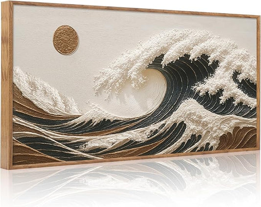 HLNIUC Boho Sea Wave Wall Art Canvas,Abstract Sun Artwork,Seascape Wall Art,Sea Sun Framed Decor,Mid Century Painting,Ocean Wave Artwork,Minimalist Landscape Prints for Living Room,Bedroom Home 20*40"