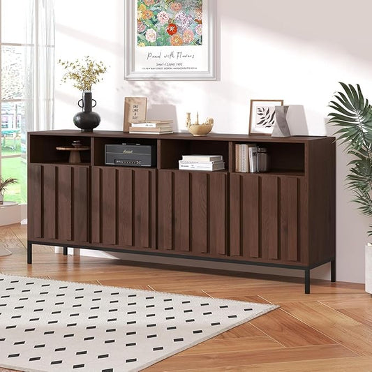 COCO DESIGN 70" Buffet Sideboard Cabinet with Fluted Panel Doors, Large Credenza Console with Power Outlet & Adjustable Shelves, Modern Storage Cabinet for Kitchen & Living Room, Walnut