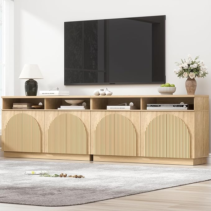 Yechen Fluted Sideboard Buffet Cabinet with Arched Reeded Doors, Mid Century Modern Credenza Storage Cabinet with Adjustable Shelves, TV Stand for Living Room Kitchen Entryway/2 Pieces/Natural Oak