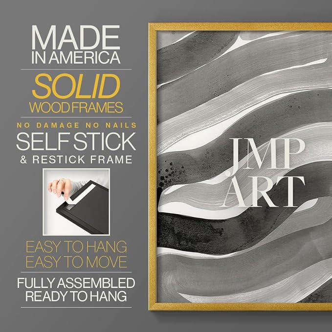 Renditions Gallery Set of 2 Peel & Stick Framed Prints, Watercolor Abstract Wall Art, Black and White Bold Brushstrokes Wall Decor, Re-Stickable - Ready to Hang - 11"x14" - GOLD Frame LT588