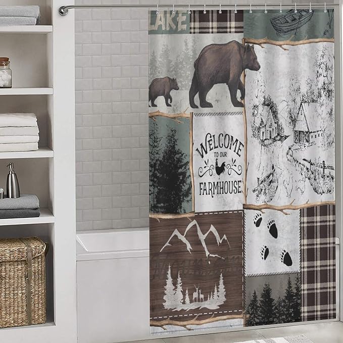 Rustic Cabin Vintage Bear Shower Curtain Country Lodge Deer Mountain Forest Farmhouse Waterproof Shower Curtains for Bathroom Decor 12 Pack Hooks 55x72in（140x183cm）
