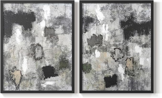 Renditions Gallery Set of 2 Peel & Stick Framed Prints, Abstract Wall Art, Hand Painted Black and White Pattern Wall Decor, Re-Stickable - Ready to Hang - 8"x10" - Black Frame LT588