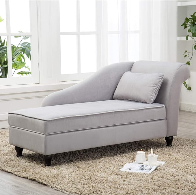 Storage Chaise Lounge Indoor Upholstered Sofa Recliner Lounge Chair for Living Room Bedroom Gray Velvet (Right Armrest)