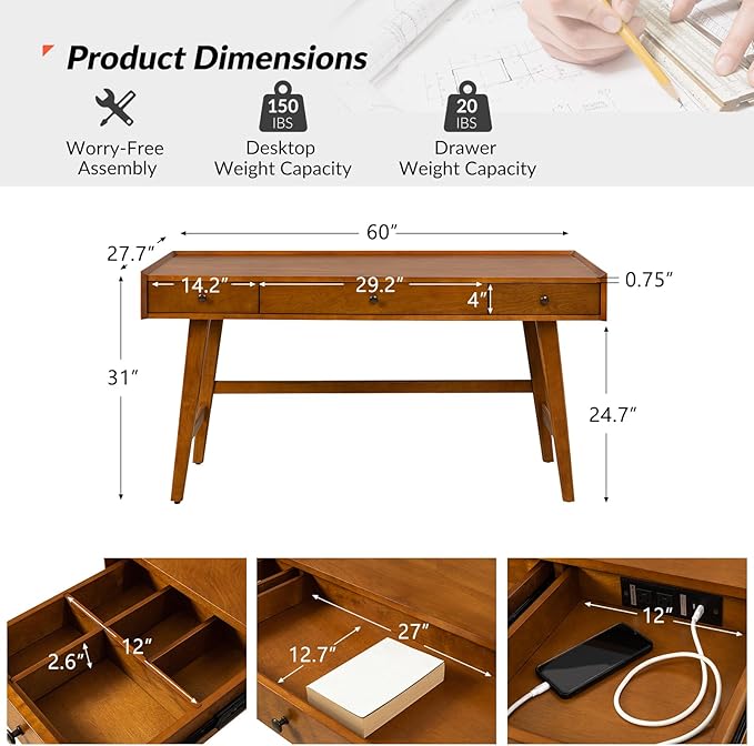 HULALA HOME Home Office Desk with 3 Drawers & Solid Wood Legs, Writing Table with Charging Station & Cable Management, Mid Century Modern Desk for Bedroom/Living Room/Study/Workstation, Acorn