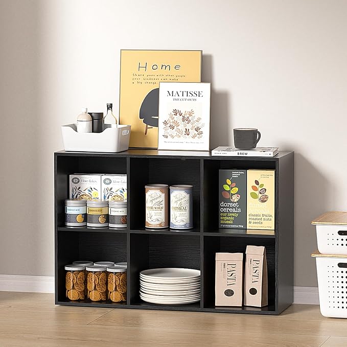 Wooden 6 Cube Storage Organizer with Closed Back Panel,White Cube Shelf Cubby Storage Organizer with Compartments for Living,Bookshelf, Easy to Install (Black, 6 Cube-13in)