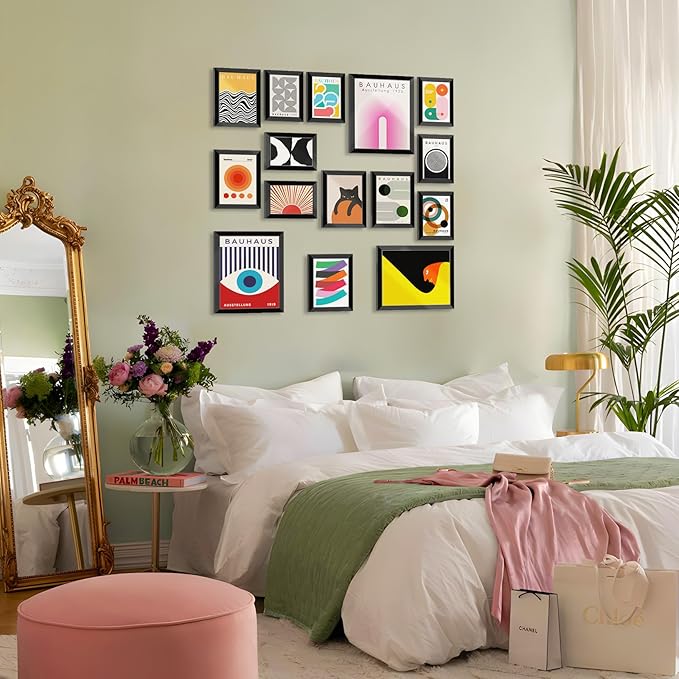 LANCHI95 15 PCS Boho Wall Decor– Mid Century Modern Wall Art Boho Posters, Posters For Room Aesthetic, Bauhaus Wall Art Abstract Posters, Collage Kit Pictures (FRAMED)