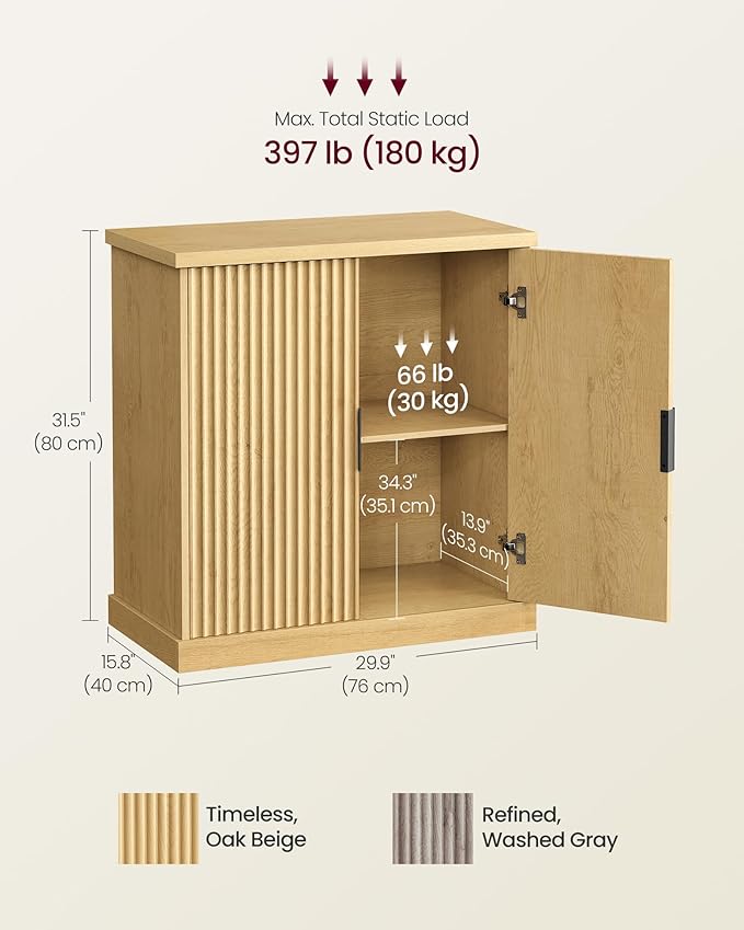 VASAGLE MAXE Collection - Buffet Cabinet Set of 2, Fluted Console Cabinet, Sideboard with Adjustable Shelf, Mid Century Modern Buffet Table, 15.8 x 29.9 x 31.5 Inches, Oak Beige UZH2505001