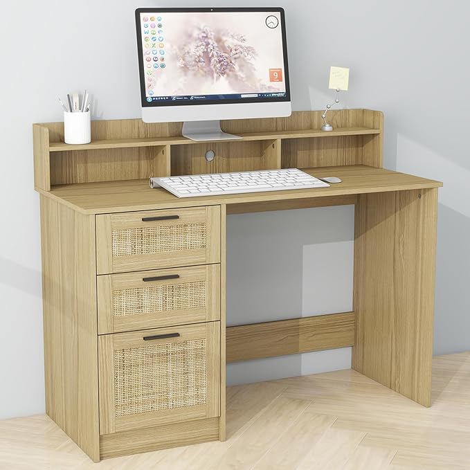 FUNKOCO Computer Desk with Rattan Drawers and Hutch - 47 Inch Home Office Boho Writing Desk with Storage File Drawer & Monitor Stand, Modern Wood Computer Table