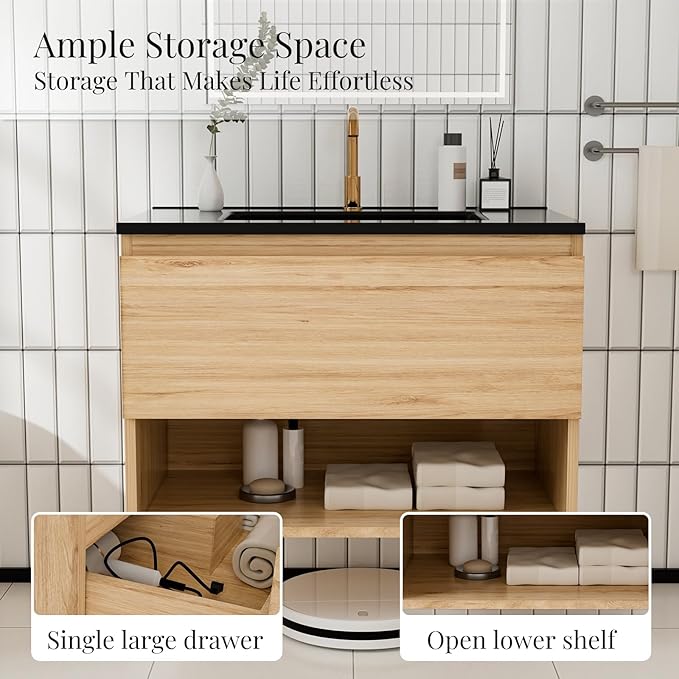 30 inch 3D Carved Bathroom Vanity with Open Compartment, Floating Cabinet with Hidden Soft-Close Slide Rails,with Ceramic Basin,Single Shelve,Mid Century Modern (Yellow Oak/Black Sink)