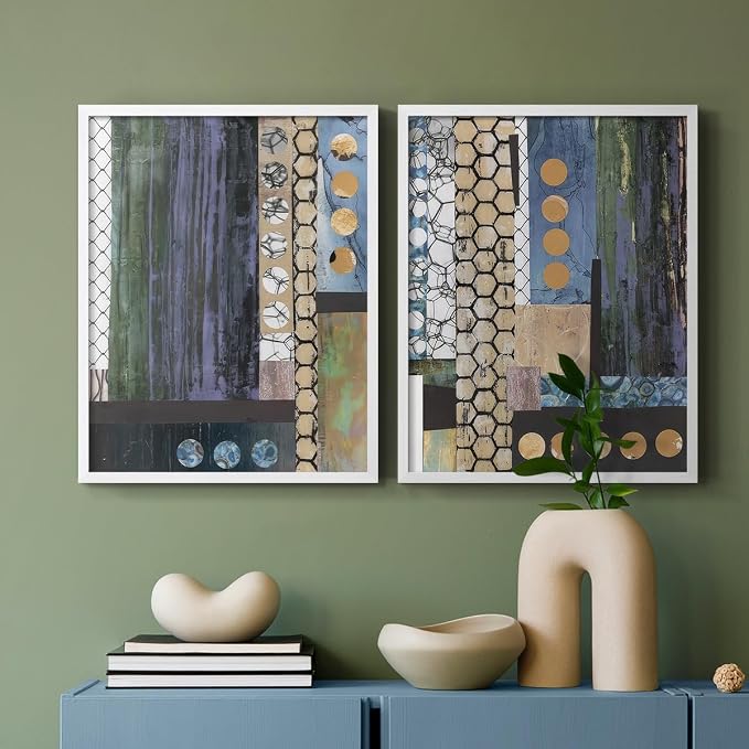 Renditions Gallery Set of 2 Peel & Stick Framed Prints, Geometric Abstract Wall Art, Hexagonal and Circular Pattern Wall Decor, Re-Stickable - Ready to Hang - 11"x14" - White Frame LT588