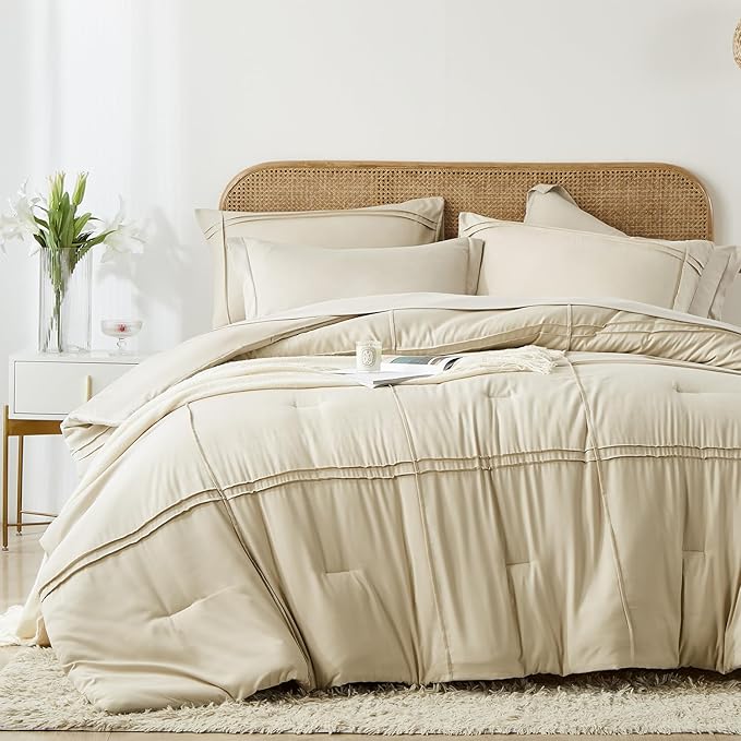 Yogeneg Full Size Comforter Set 7 Piece Bed in a Bag,Grid Pinch Pleat Beige Bedding Set,Striped Textured Soft Microfiber Comforter with Sheet Set,All Season Complete Bed Set(Beige,Full)
