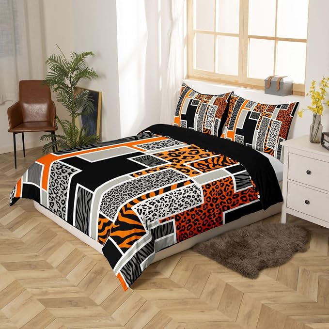 Erosebridal Leopard Print Bedding Set Twin Cheetah Zebra Stripes Fur Print Duvet Cover Orange Geometric Square Patchwork Comforter Cover for Kids Teen Adults,Rustic Wild Animals Skin Texture Bed Set