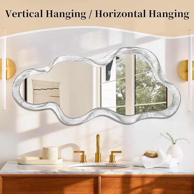 Large Asymmetrical Wall Mirror Irregular Wood Frame Modern Unique Wall-Mounted Artistic Wavy Mirror Decor Bathroom Vanity Bedroom Living Room Entryway Hallway 47" x 22" Natural