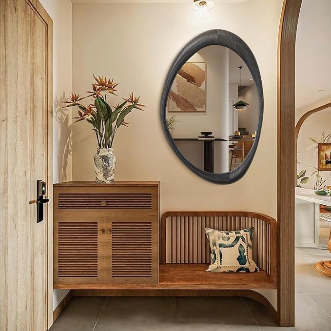 AAZZKANG Irregular Wall Mirror 28"x20" Black Asymmetrical Wall Mounted Mirrors Modern Wood Frame Mirror Large for Bathroom Bedroom Living Room Entryway