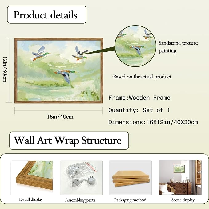Vintage Mallard Duck Wall Art Cottagecore Flying Ducks Wall Decor Painting Rustic Bird Animal Landscape 3D Textured Hand Drawn Sandstone Artwork for Living Room Bedroom 12x16 inch Framed