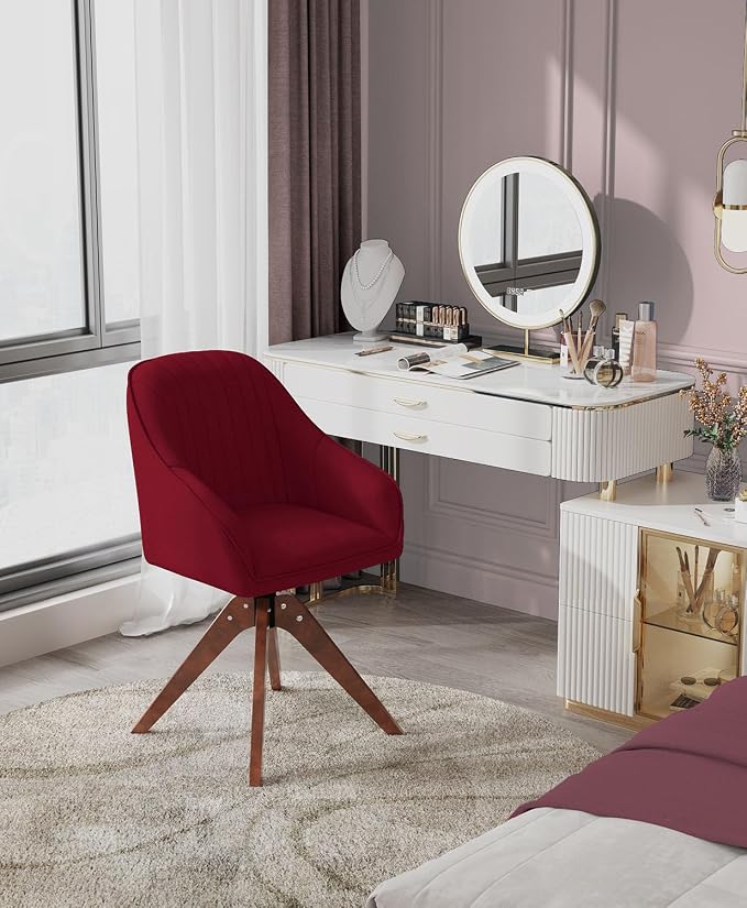 OS MOTOR Modern Swivel Accent Chair with Arms, Upholstered Desk Chair No Wheels, Mid-Century Fabric Armchair with Oak Wood Legs for Home Office, Bedroom, Vanity, Red