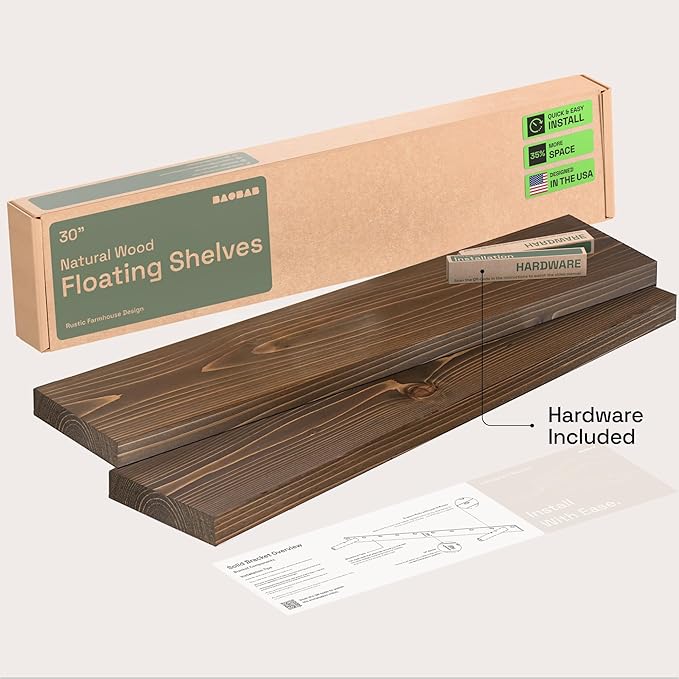BAOBAB WORKSHOP Wood Floating Shelves for Wall 30 Inches Long, Solid Wooden Bathroom Shelf Large, Heavy Duty Wall Shelf 30 Inch Kitchen Bedroom Rustic Farmhouse, Walnut Shelves, 30W × 6.7D, Set of 2