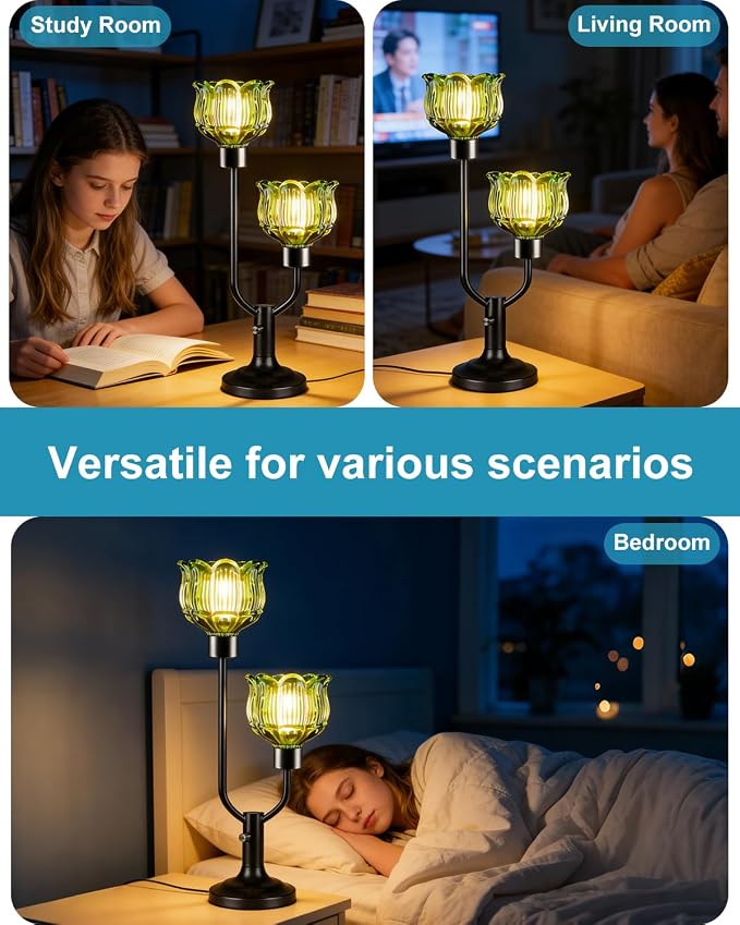 Lightdot Vintage Green Glass Table Lamp for Bedroom Dimmable Mid Century Modern Desk Lamp Black Flower Nightstand Lamp 2 Bulbs Included Warmwhite Ambient Bedside Lamp for Living Room Home Office Decor