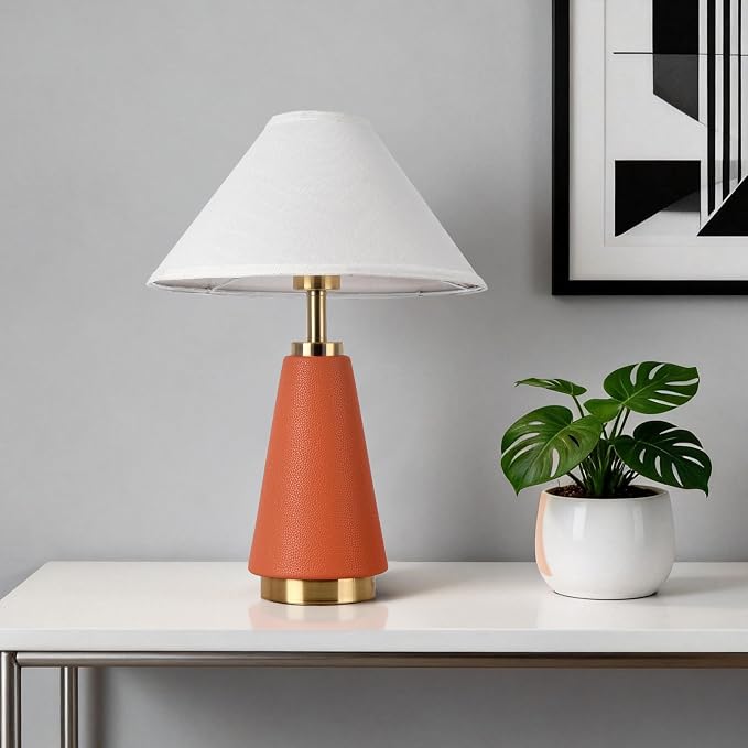 18.11 Inch Mid Century Modern Orange Table Lamp Set of 2, MCM with Beige Fabric Shade, PU Leather Table Lamp for Kitchen Counter, Bedroom, Nightstand, Desk Lighting, Bookshelf, Living Room, Kids Dorm