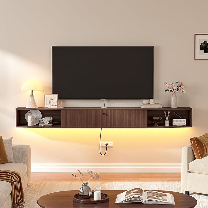 47 inch Floating TV Stand,Plywood Wall Mounted Entertainment Center with 1 Door & 2 Open Cabinets,Floating Media Console with Wire Holes,Hanging TV Shelf for Living Room, Bedroom Walnut