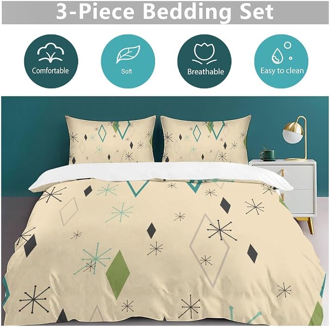Modern Mid Century Duvet Cover, Vintage Geometry Bedding Sets Soft Comforter Cover，Aesthetic Abstract Art Bedding 3 Piece (1 Duvet Cover 79"x90" + 2 Pillow Sham 20"x30")