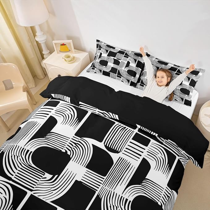 Erosebridal Black and White Teens Duvet Cover 3 Piece Bohemian Geometric Bedding Set King Size Mid Century Abstract Comforter Cover for Kids Boys Adult Bedroom Boho Stripes Minimalist Bed Sets