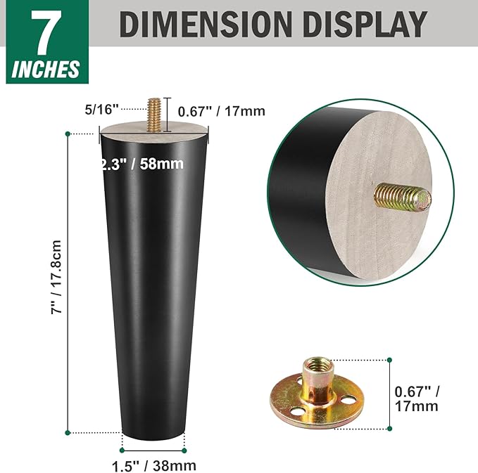 FoDau770 Black Rubber Wood Furniture Legs 7 Inches, Straight Tapered Wood Feet Mid Century Sofa Legs Set of 4, 5/16" UNC Furniture Feet Replacement Parts for Cabinet Couch Dresser Chair Ottoman Table