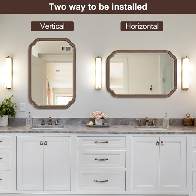 HOMECOOKIN Wood Bathroom Mirror for Wall Decor Arched Rounded Corner Rustic Wood Frame Wall Mirror Home Decorative for Vanity, Living Room, Bedroom, Entryway (20 x 30 inch, Walnut)