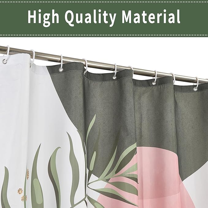 Boho Mid Century Shower Curtain, Pink Modern Minimalist Abstract Geometric Sage Green Gold Plant Leaves Bathroom Curtains Washable Waterproof Fabric Buthtub Curtain Set with Hooks 36" Wx72 L